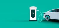 Electric car charging background. Electronic vehicle power dock. EV Plugin station. Fuel recharge cells. Green color vector illustration.