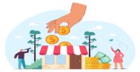 Hand of government or partners giving grants to business. Tiny people receiving money, searching financial assistance and protection flat vector illustration. Subsidy, finance, investment concept.