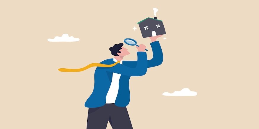 House inspection, home, property and real estate price evaluation, mortgage and loan analysis, search for housing investment concept, curios businessman using magnifying glass to see house details.