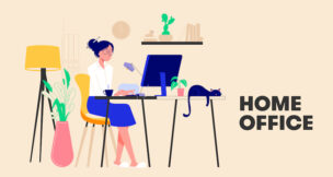 Woman working from home and talking with colleagues online. Woman sitting at desk in room, looking at computer screen. Freelancer or blogger home office concept. Flat Design Vector Illustration