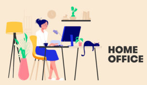 Woman working from home and talking with colleagues online. Woman sitting at desk in room, looking at computer screen. Freelancer or blogger home office concept. Flat Design Vector Illustration