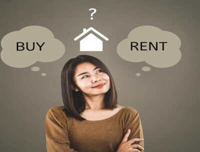 Asian woman thinking buy or rent home concept with question mark in background