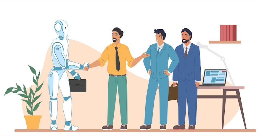 Business people greeting smart robot machine in office. AI and humans working together, flat vector illustration. Artificial intelligence and human collaboration, cooperation.
